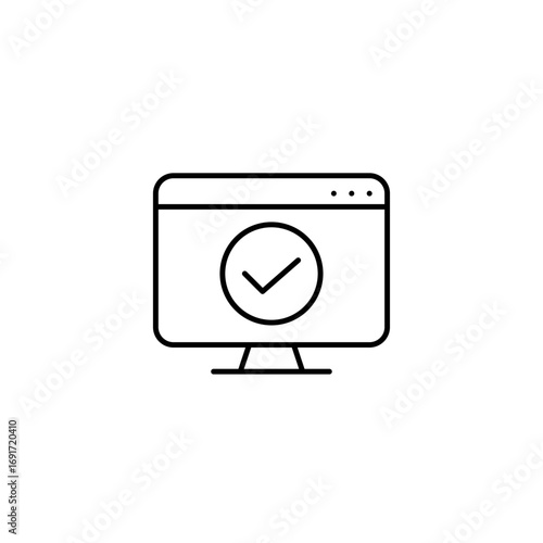 Computer and checkmark. Verified device, system updated. User account identification passed. Pixel perfect, editable stroke vector icon
