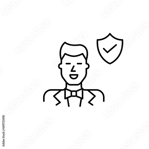 Groom, shield and checkmark. Protected ceremony, certified matrimonial standards, safe wedding arrangements. Pixel perfect, editable stroke vector icon