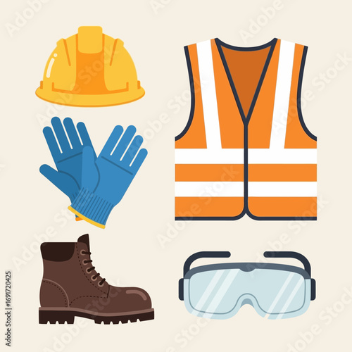 A vital assortment of personal protective equipment, including a hard hat, reflective vest, work gloves, sturdy boots, and safety goggles, crucial for safety.