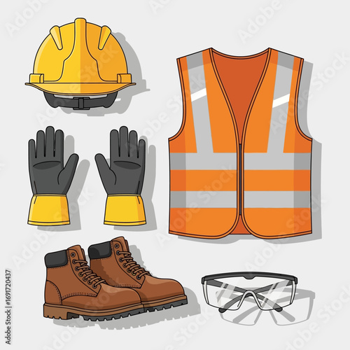 A collection of personal protective equipment, including a hard hat, safety vest, gloves, boots, and glasses, for worker protection.