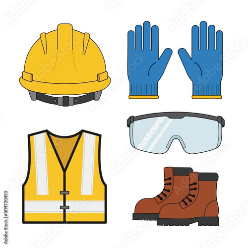 A clear vector illustration of essential personal protective equipment: hard hat, reflective vest, work gloves, safety glasses, and sturdy boots, vital for workplace safety.