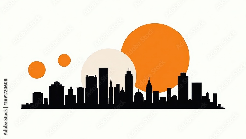 Naklejka premium Silhouette illustration of a city skyline at sunrise, featuring bold orange suns and a simple, graphic design.
