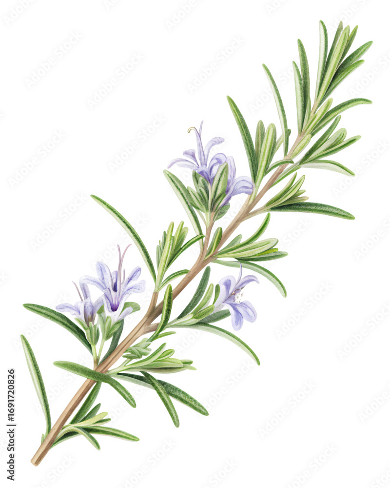 Fototapeta premium Rosemary Botanical Elegance: This image showcases a sprig of rosemary in delicate watercolor artistry, capturing the essence of botanical grace and herbal freshness. 