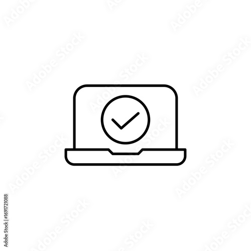 Laptop and checkmark. Verified device, system updated. User account identification passed. Pixel perfect, editable stroke vector icon