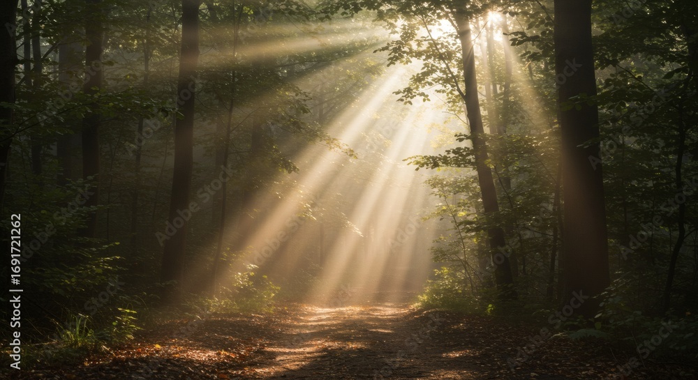 Obraz premium Golden sunbeams illuminating a pathway in a lush green forest.