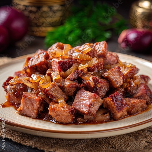 ready-made dish on a light plate. diced pork ham stewed with onions. There is a beautiful serving of meat and onions on the platter. professional