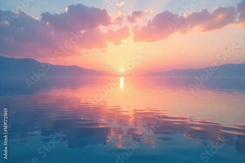 Serene sunrise over calm water, reflecting soft pastel colors Peaceful morning scene evokes feelings of tranquility and wellbeing Ideal for wellness, meditation, mindfulness themes , calm, morning
