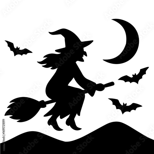 The witch rides a flying broomstick