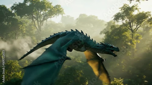 4k video of a majestic blue dragon soaring through a misty, green jungle, captured in a dynamic cinematic shot showcasing its powerful wings and scales.