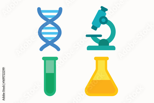 Science Icons - DNA, Microscope, Test Tube, and Erlenmeyer Flask.