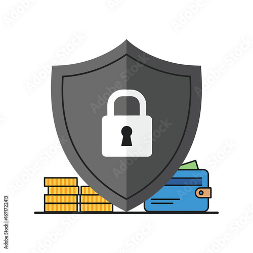 Financial security and asset protection concept. A vector illustration of a shield with a padlock guarding stacks of coins and a wallet