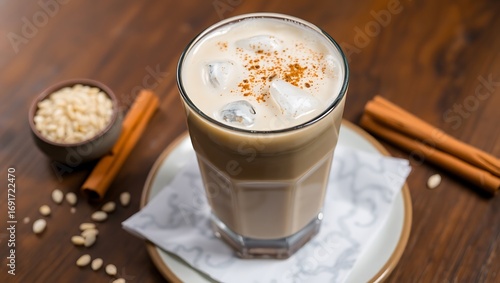 Iced horchata with cinnamon dust and rice grains visible, wood table