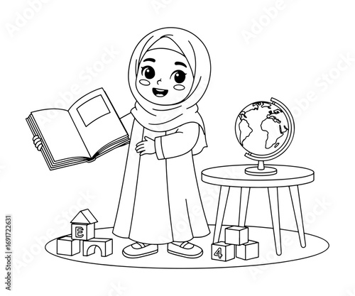 Cute Muslim Kindergarten Teacher Girl Cartoon Line Art Illustration