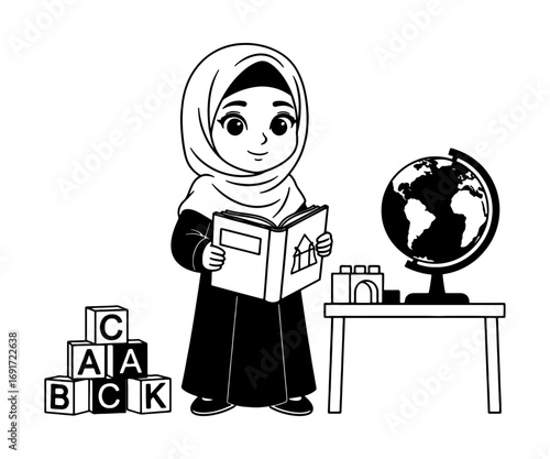 Muslim Kindergarten Teacher Girl Monochrome Cartoon Vector