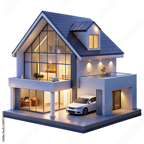 Modern architectural miniature model home featuring glass walls and contemporary car transparent background 3D