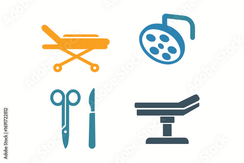 Medical Equipment Icons - Stretcher, Light, Scissors, and Operating Table.