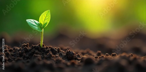 Close-up view of a tiny green seedling emerging from rich soil, delicate leaves unfurling in sunlight, representing new life and growth , delicate, fresh