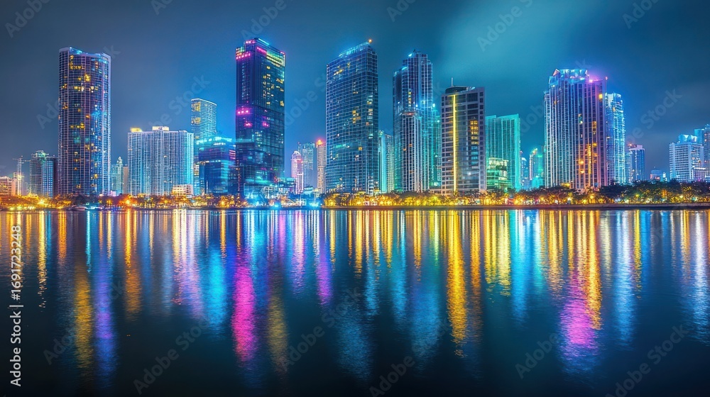 Fototapeta premium Night city skyline reflected in water; urban landscape at dusk; vibrant colors; photo for stock use
