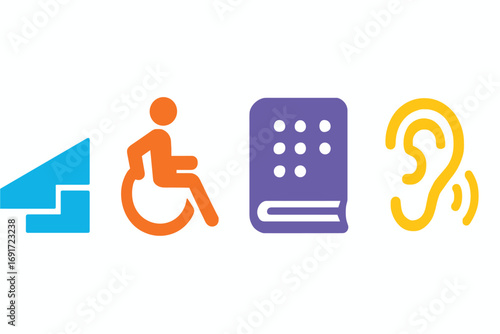 Accessibility Symbols - Stairs, Wheelchair, Braille, and Hearing Aid.
