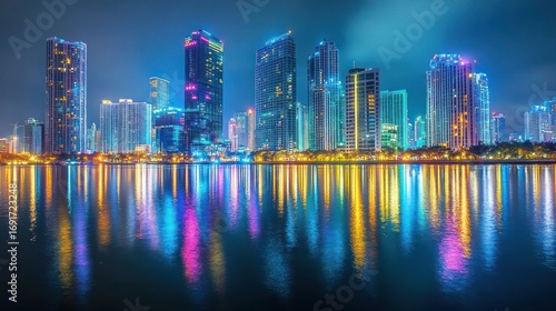 Wallpaper Mural Night city skyline reflected in water; urban landscape at dusk; vibrant colors; photo for stock use Torontodigital.ca