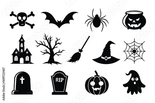 Collection of Halloween icons set silhouette vector art illustration. 