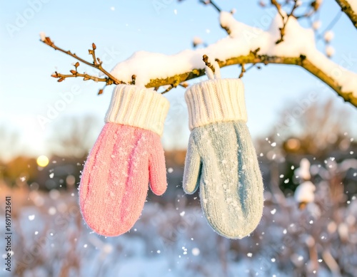 Knitted mittens hanging on snowy branch