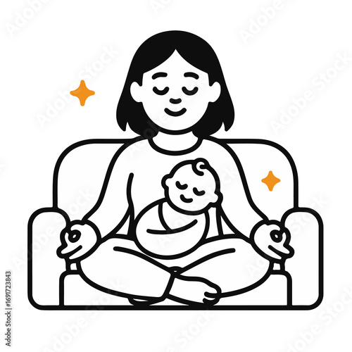 Flat outline duotone illustration of a mother meditating with baby on her lap. Concept of mindful parenting, motherhood, wellness and family balance isolated on white background.