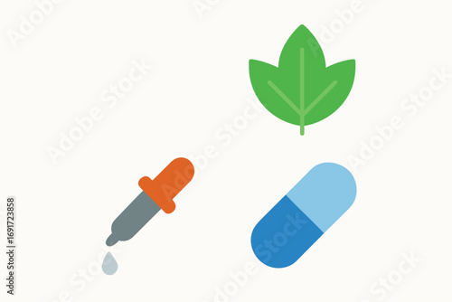 Herbal medicine - leaf, pill, dropper, healthcare.