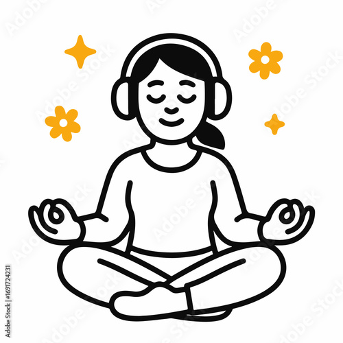Flat outline duotone illustration of a woman meditating in lotus pose with headphones. Relaxation, mindfulness and wellness concept isolated on white background.