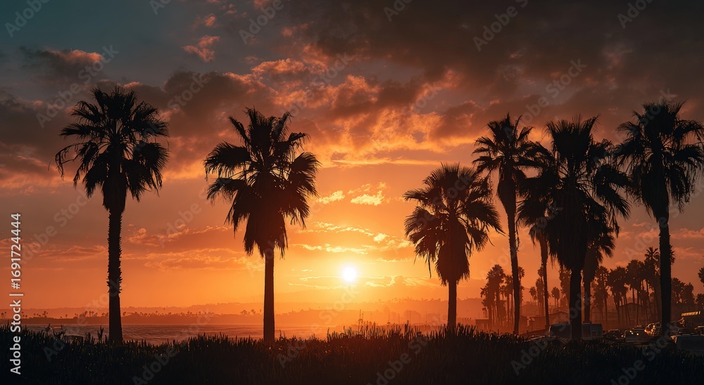 Obraz premium Silhouette palm trees at sunset over the ocean