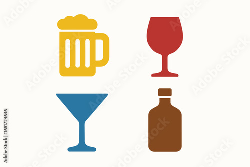 Colorful flat design icons for alcoholic drinks and beverages.