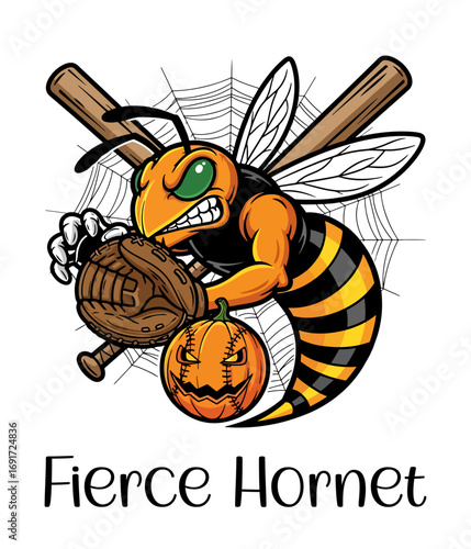 Fierce hornet baseball mascot with glove and bats, pumpkin jack-o’-lantern, spiderweb background, Halloween vector design Honey Bee with Pumpkin