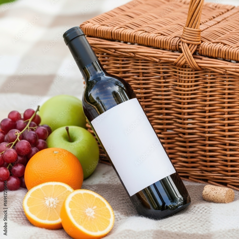 Naklejka premium Picnic Scene with Wine Bottle, Fruit and Wicker Basket