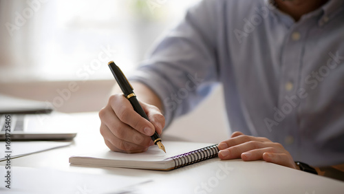 A person writing in a notebook with a fountain pen on a white desk with a laptop in the background