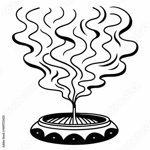Black and white illustration of incense smoke rising from a decorative bowl aroma fragrance