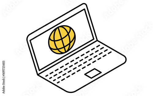 オンライン学習、インターネットにつながったノートパソコンのシンプルなアイソメトリック線画アイコン
