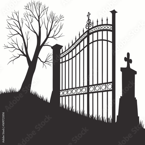 Black silhouette of a graveyard gate with a bare tree and cross cemetery gate black and white