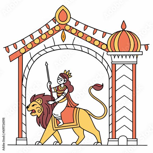 Cartoon illustration of Hindu goddess Durga riding a lion under an archway Keywords: goddess, durga