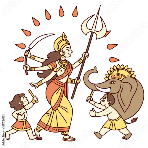 Cartoon illustration of Hindu goddess Durga with children and an elephant on white Keywords: goddess