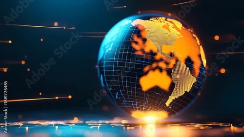 Futuristic Digital Globe Glowing Blue Orange Technology Network Data Abstract Background Innovation Global Connection World Map Visualization