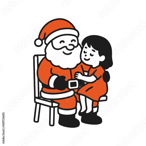 Flat outline duotone illustration of Santa Claus with a little girl sitting on his lap. Christmas holiday concept of childhood wonder, family tradition and festive joy isolated on white.