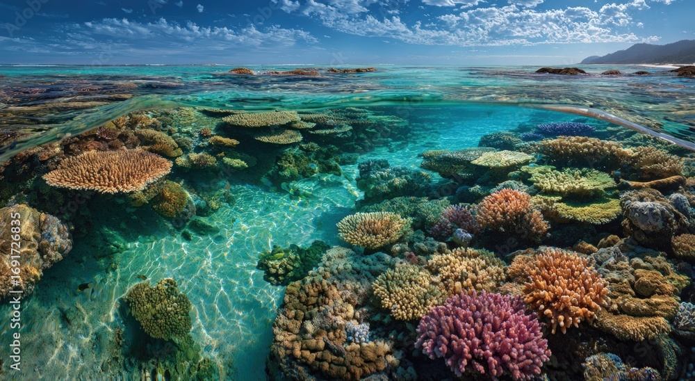 Fototapeta premium Vibrant coral reef teeming with life in clear, shallow water under a partly cloudy sky
