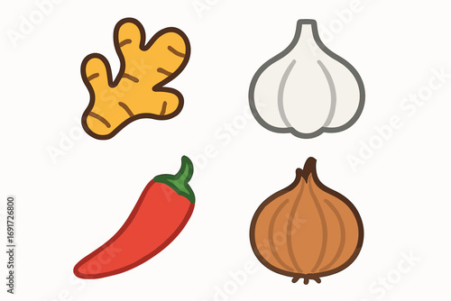 Ginger, Garlic, Chili Pepper, and Onion Cartoon Illustration.