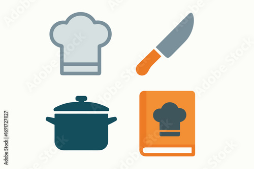 Culinary Icons - Chef Hat, Knife, Pot, and Cookbook Illustration.