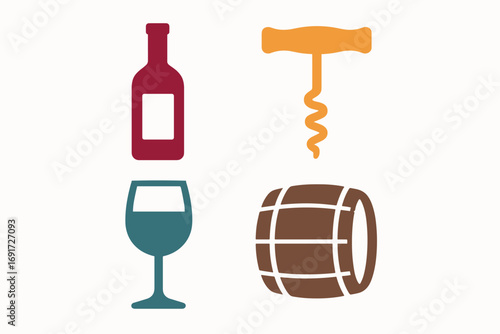 Wine Bottle Glass Corkscrew and Barrel Icons.