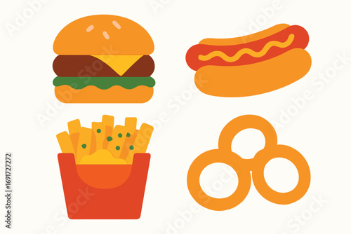 Fast Food Icons - Burger, Hotdog, Fries, and Pretzel.