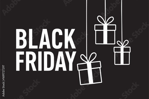 Black and White Black Friday Poster. Hanging Gift Boxes with Modern Minimalist Style