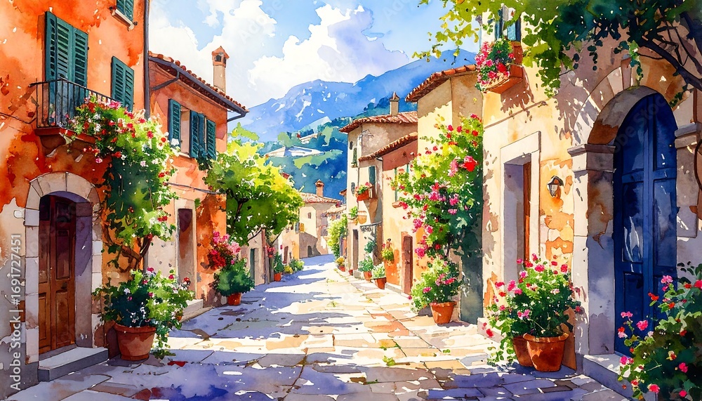 Fototapeta premium Watercolor painting of a sunny Italian village street