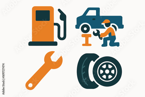 Automotive service station and repair shop icons representing various car services.
