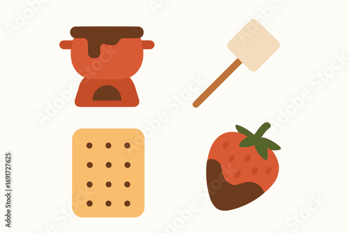 Chocolate fondue with marshmallows, graham crackers, and strawberries.